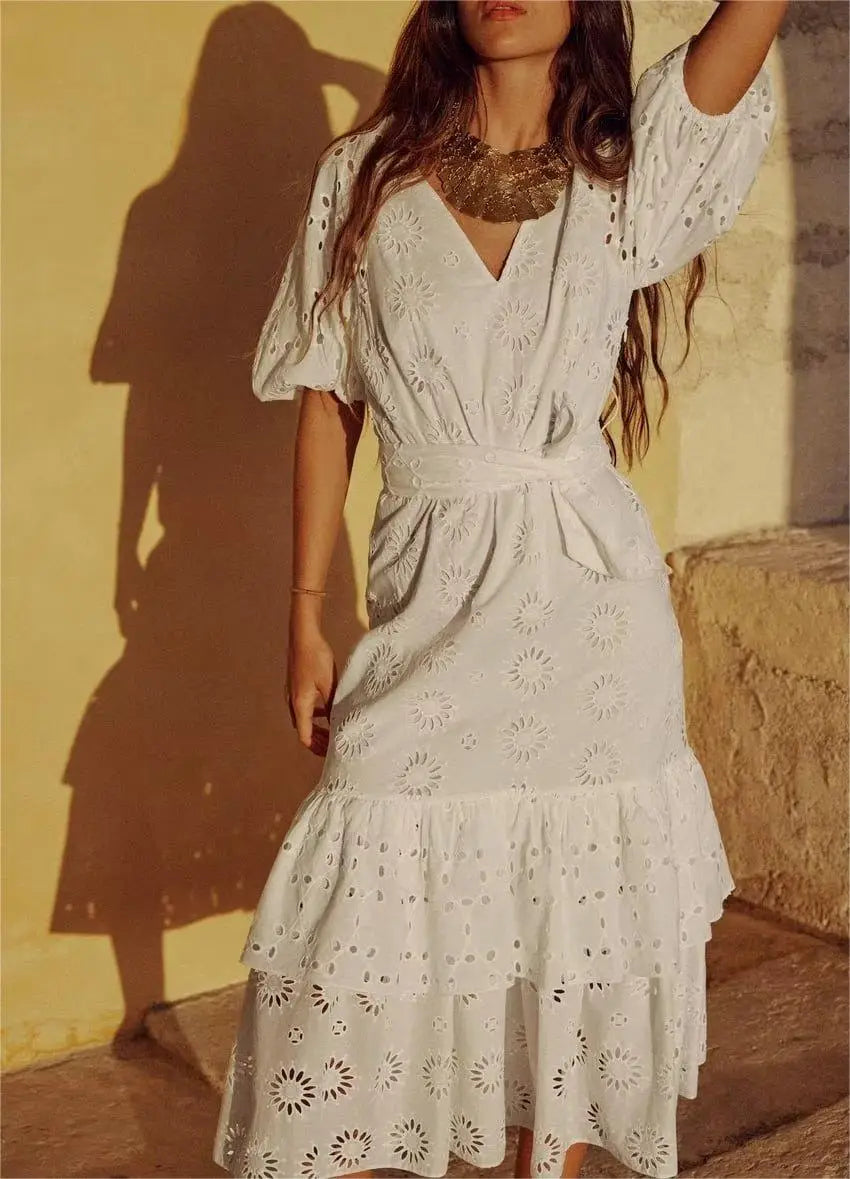 White Cotton Eyelet Puff Sleeve Embroidered Dress