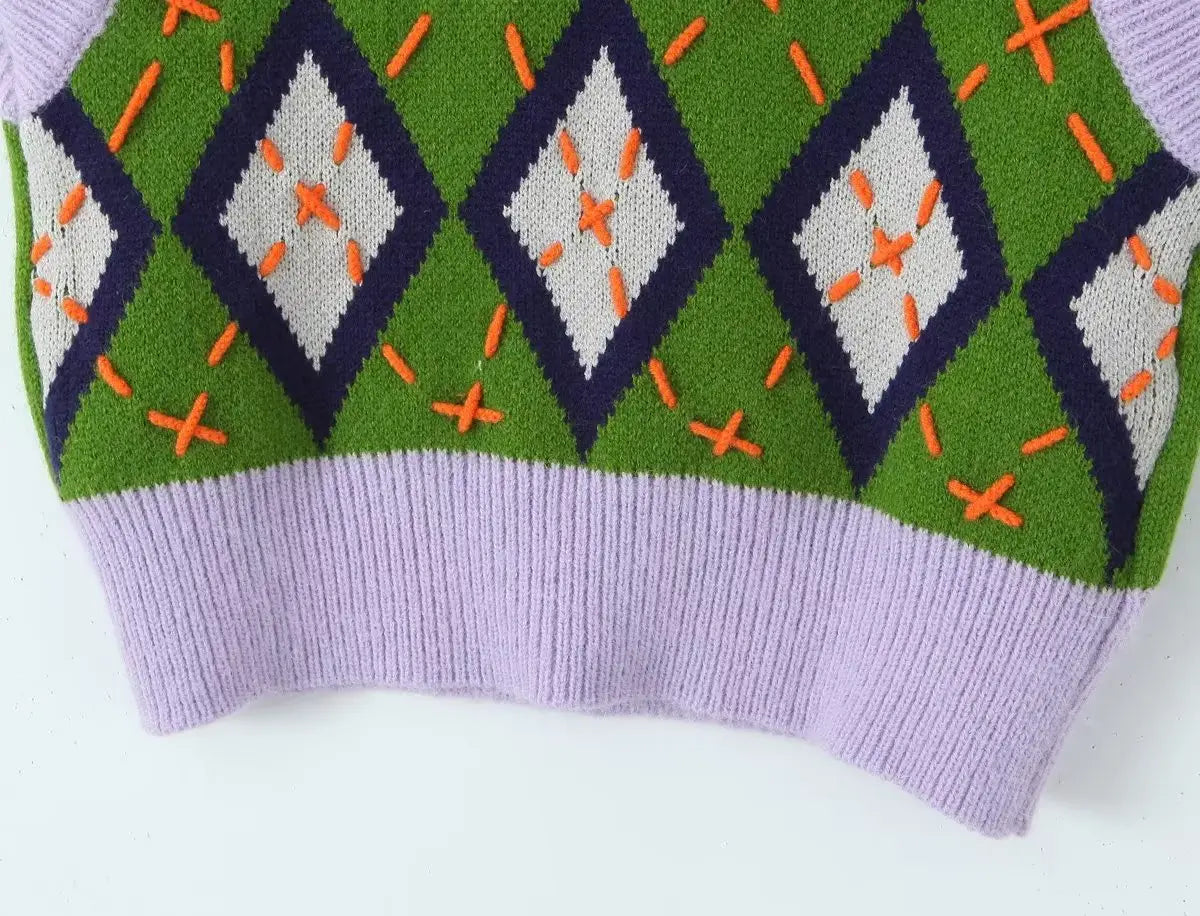 Green & Lilac Argyle Crop Sweater Vest