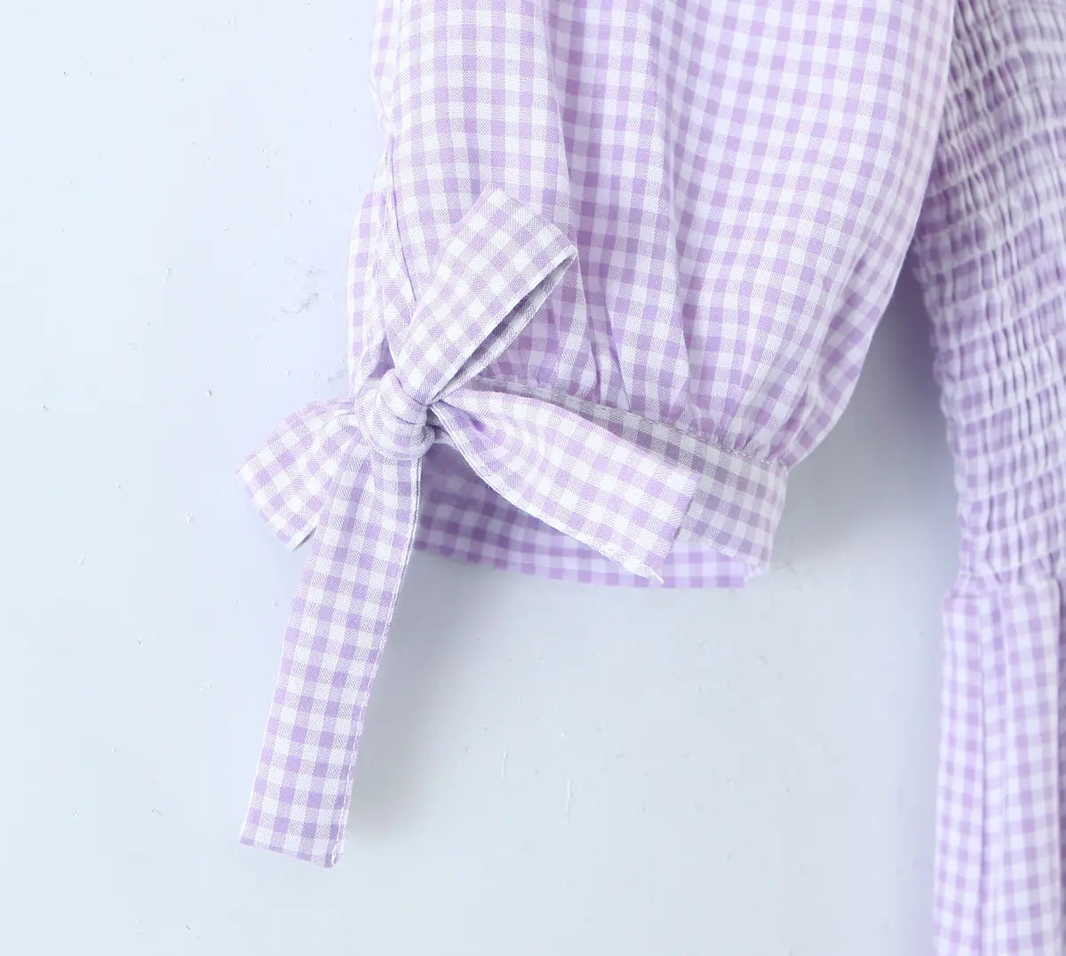 Purple Gingham Tiered Smocked Tie Sleeve Dress