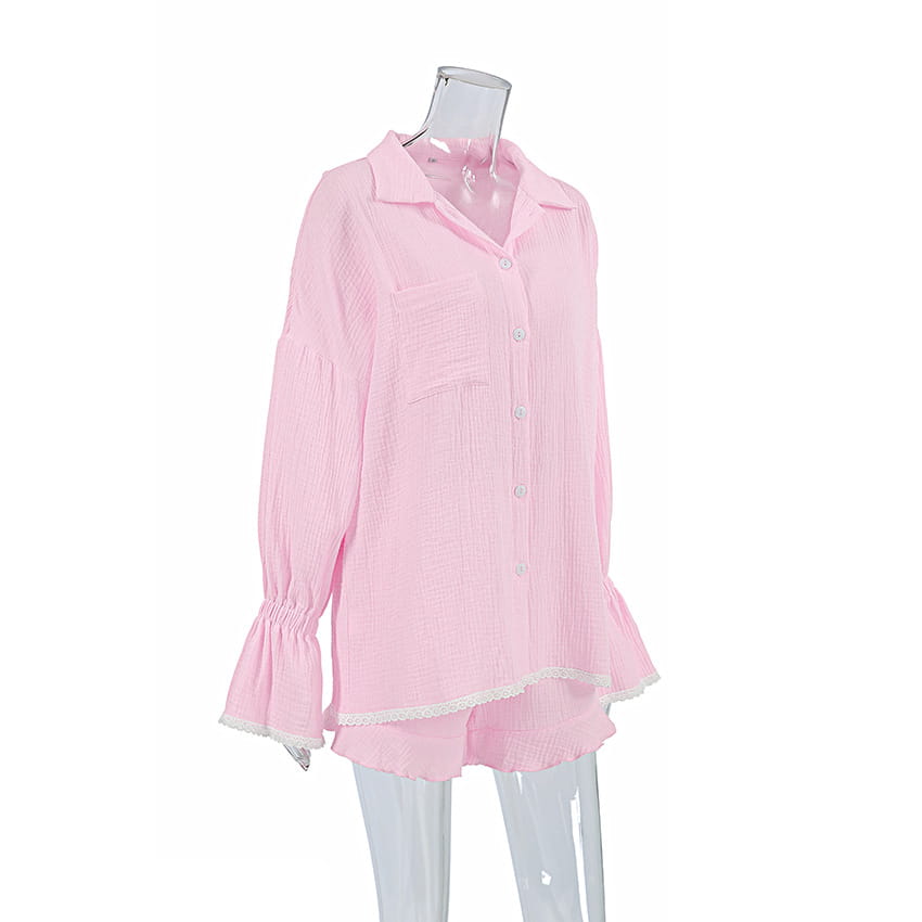 Pink Ric Rac Trim Ruffle Cotton Pajama Set