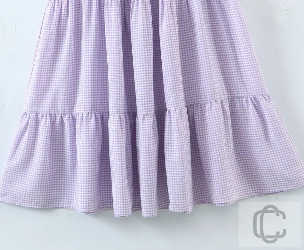 Purple Gingham Tiered Smocked Tie Sleeve Dress